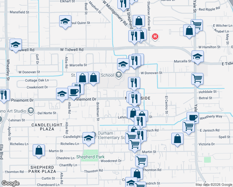 map of restaurants, bars, coffee shops, grocery stores, and more near 707 Embercove Drive in Houston