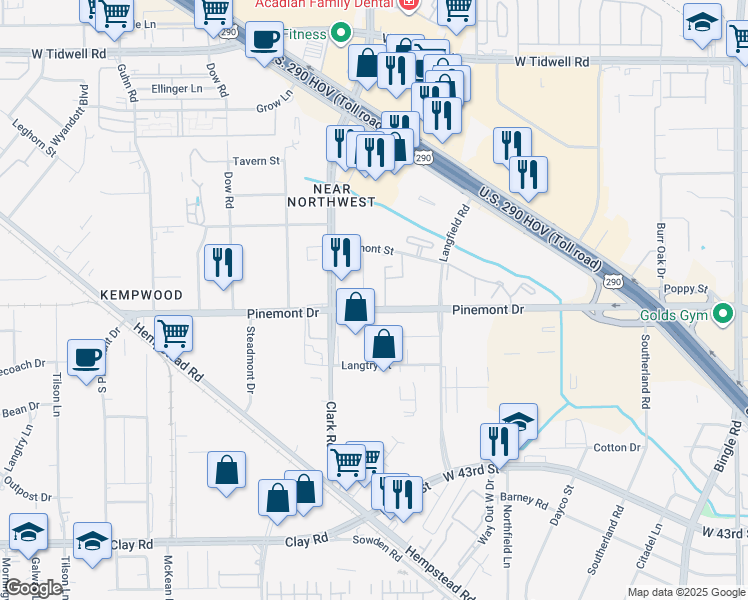map of restaurants, bars, coffee shops, grocery stores, and more near 7500 Pinemont Drive in Houston