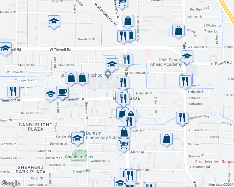 map of restaurants, bars, coffee shops, grocery stores, and more near 712 Pinemont Drive in Houston