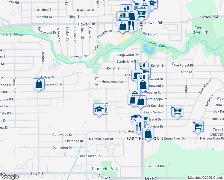 map of restaurants, bars, coffee shops, grocery stores, and more near 8718 Livings Street in Houston