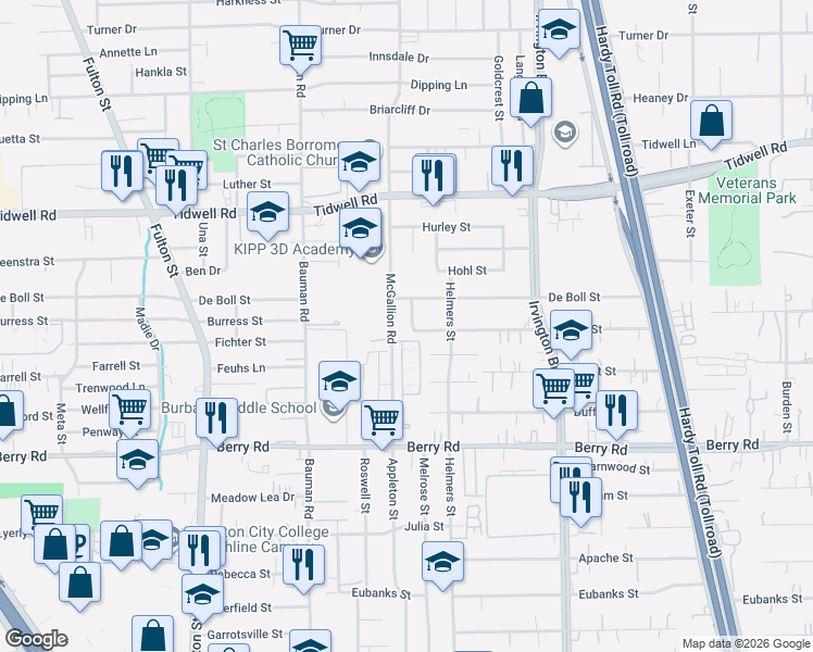 map of restaurants, bars, coffee shops, grocery stores, and more near 617 Warner Street in Houston
