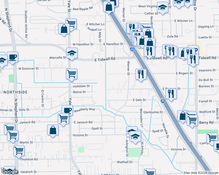map of restaurants, bars, coffee shops, grocery stores, and more near 208 East Burress Street in Houston