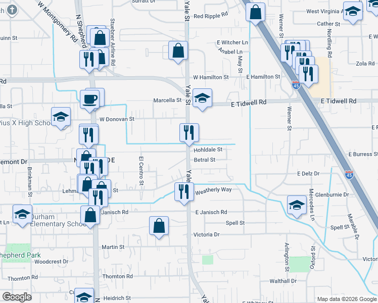 map of restaurants, bars, coffee shops, grocery stores, and more near 5210 Yale Street in Houston