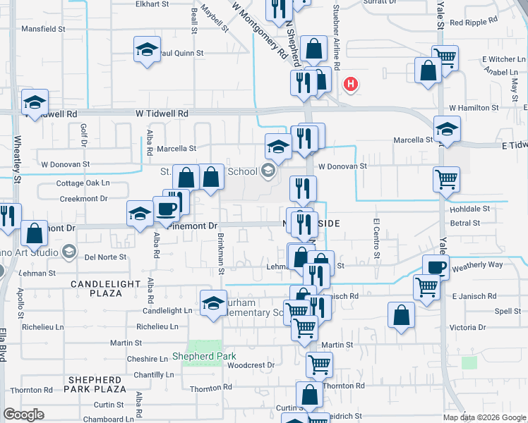 map of restaurants, bars, coffee shops, grocery stores, and more near 720 Pinemont Drive in Houston