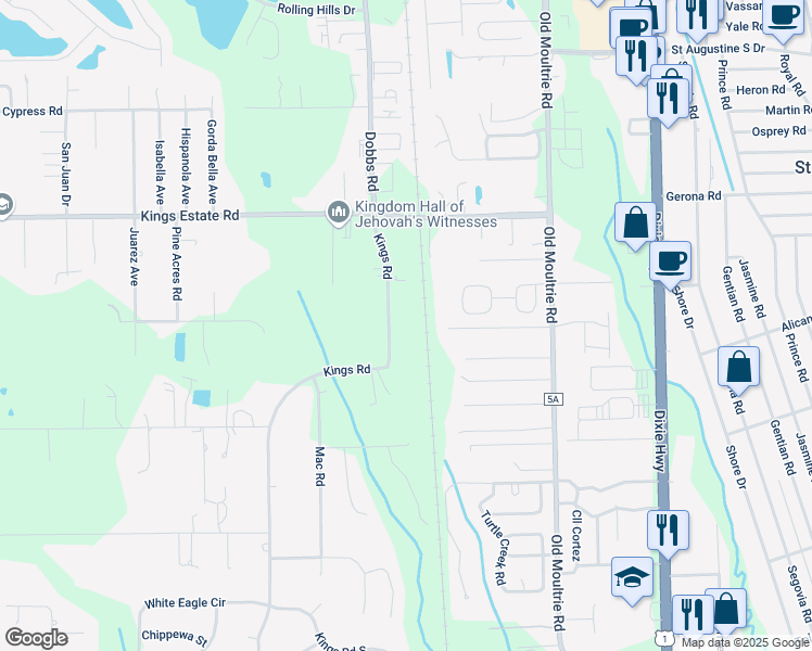 map of restaurants, bars, coffee shops, grocery stores, and more near 2812 Kings Road in St. Augustine