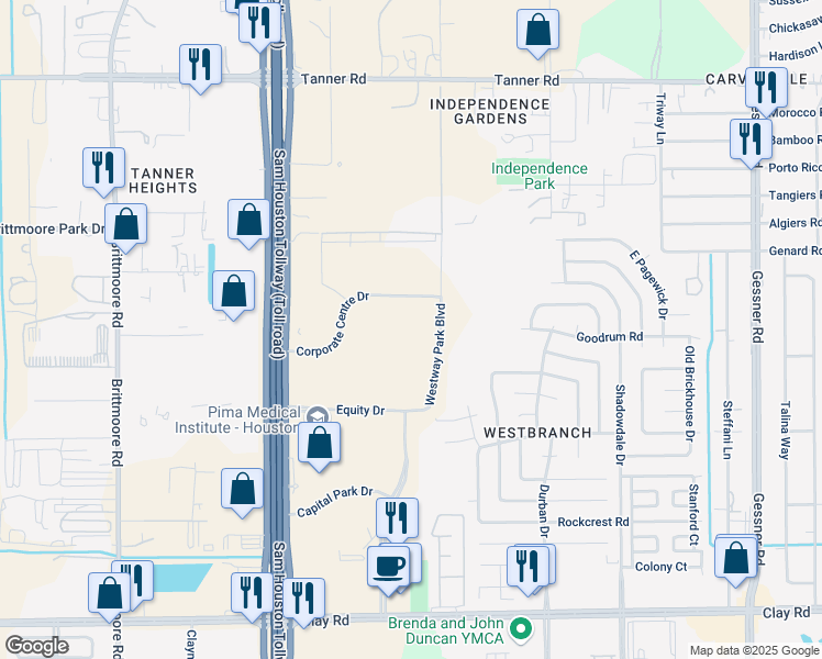 map of restaurants, bars, coffee shops, grocery stores, and more near 10900 Corporate Centre Drive in Houston