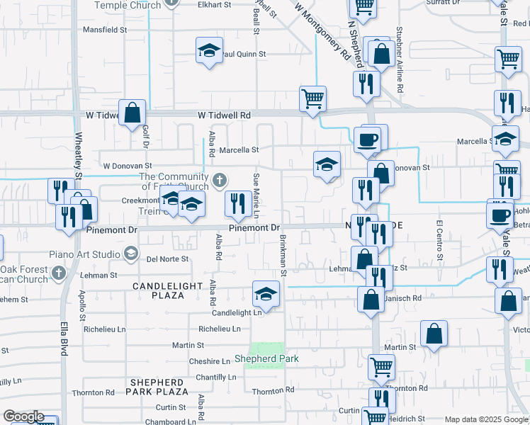 map of restaurants, bars, coffee shops, grocery stores, and more near 5220 Sue Marie Lane in Houston