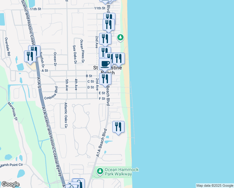 map of restaurants, bars, coffee shops, grocery stores, and more near 1A D Street in St. Augustine