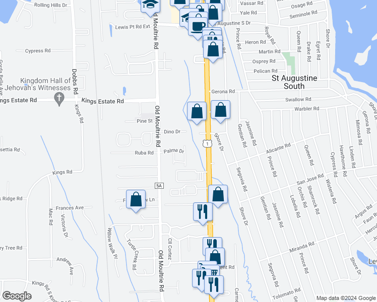 map of restaurants, bars, coffee shops, grocery stores, and more near 2825 U.S. 1 in St. Augustine