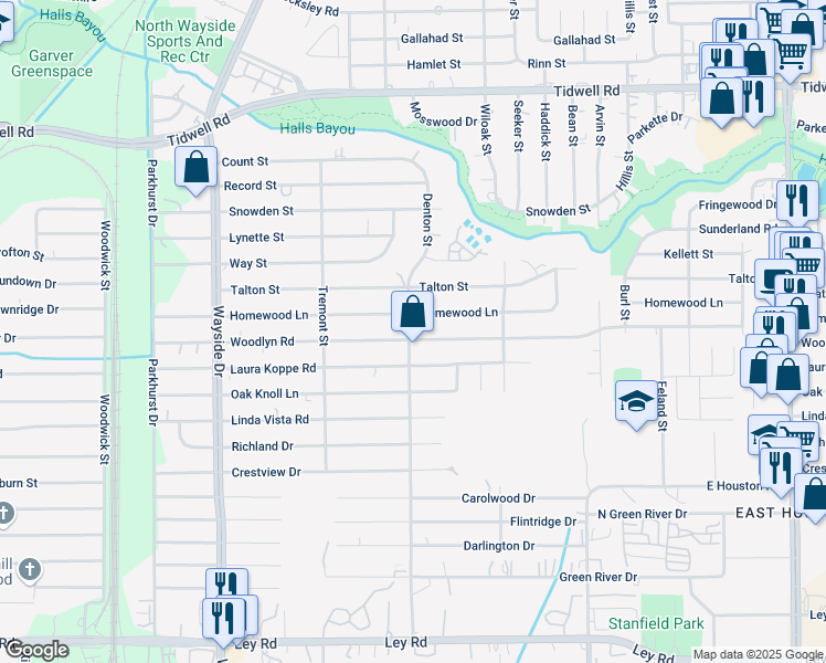 map of restaurants, bars, coffee shops, grocery stores, and more near 2801 Homewood Lane in Houston