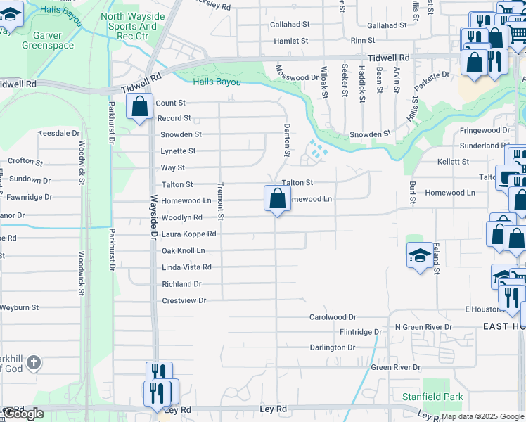 map of restaurants, bars, coffee shops, grocery stores, and more near 8141 Homewood Lane in Houston