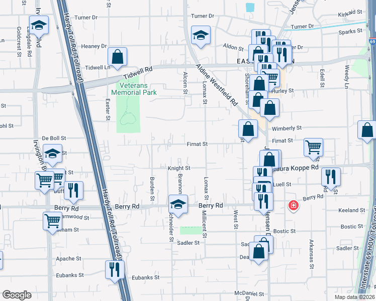 map of restaurants, bars, coffee shops, grocery stores, and more near 2333 Firnat Street in Houston