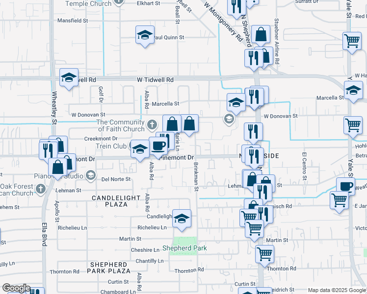 map of restaurants, bars, coffee shops, grocery stores, and more near 5220 Sue Marie Lane in Houston