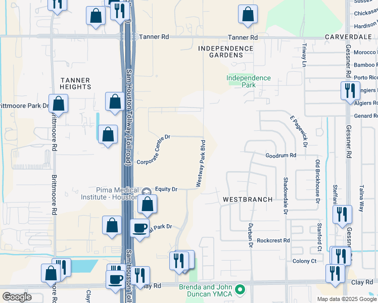 map of restaurants, bars, coffee shops, grocery stores, and more near 10900 Corporate Centre Drive in Houston