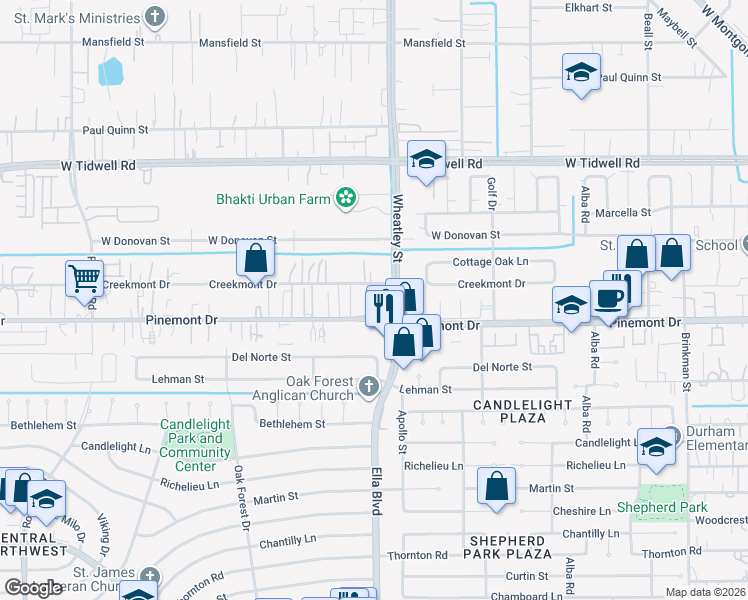 map of restaurants, bars, coffee shops, grocery stores, and more near 3331 Home Point Drive in Houston