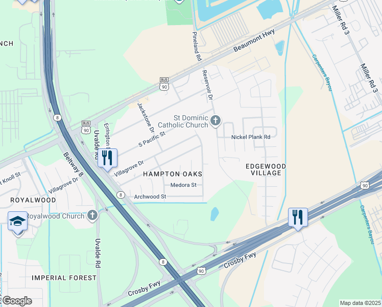 map of restaurants, bars, coffee shops, grocery stores, and more near 14222 Edgeboro Street in Houston