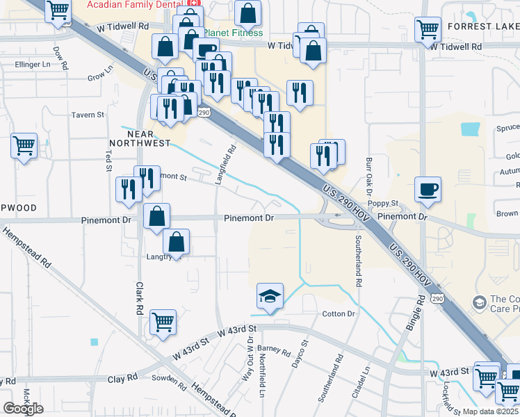 map of restaurants, bars, coffee shops, grocery stores, and more near 7200 Pinemont Drive in Houston