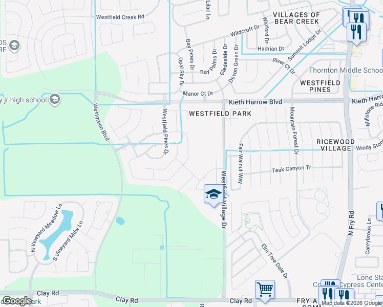 map of restaurants, bars, coffee shops, grocery stores, and more near 5003 Westfield Village Drive in Katy