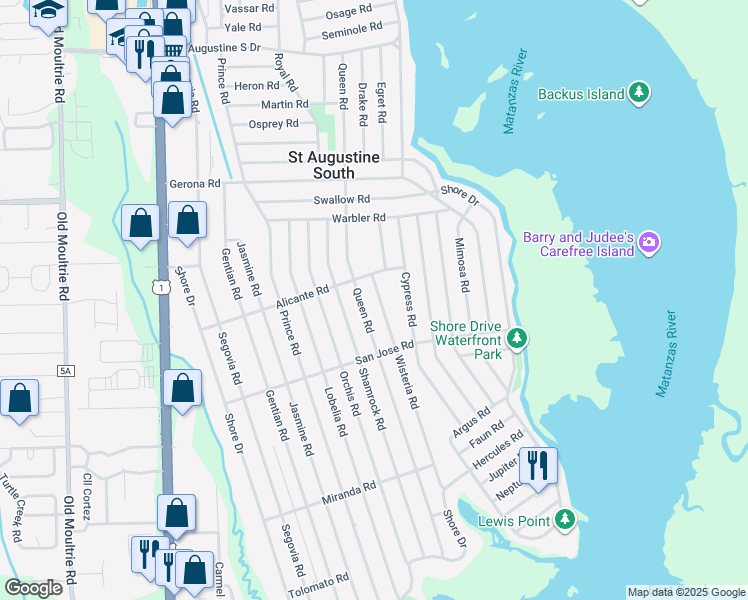 map of restaurants, bars, coffee shops, grocery stores, and more near 904 Alicante Road in St. Augustine
