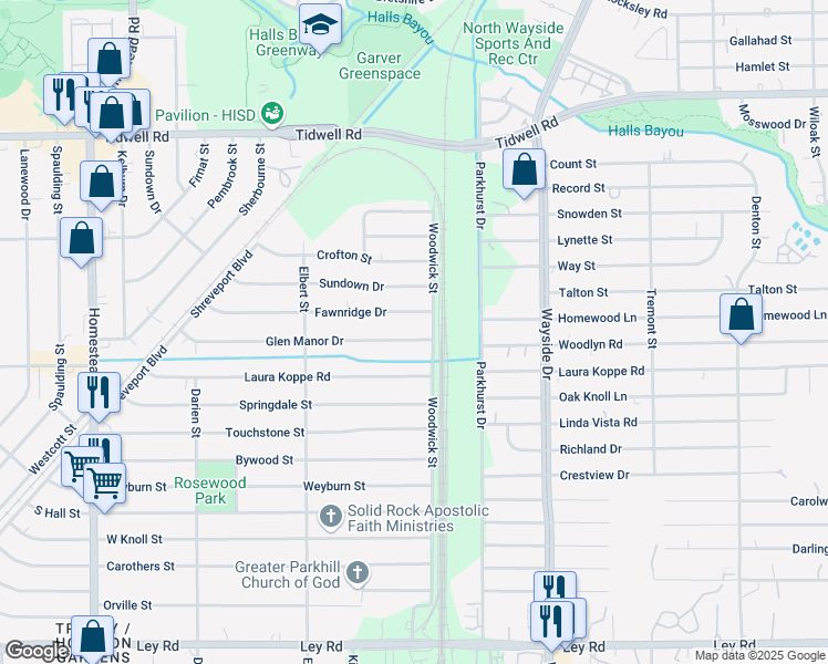 map of restaurants, bars, coffee shops, grocery stores, and more near 7650 Fawnridge Drive in Houston