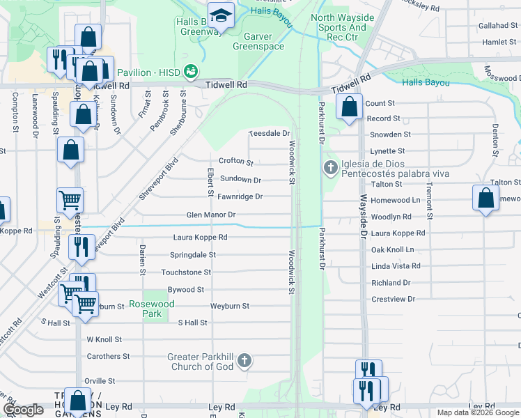 map of restaurants, bars, coffee shops, grocery stores, and more near 7617 Fawnridge Drive in Houston
