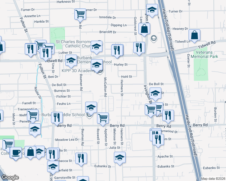 map of restaurants, bars, coffee shops, grocery stores, and more near 503 Firnat Street in Houston
