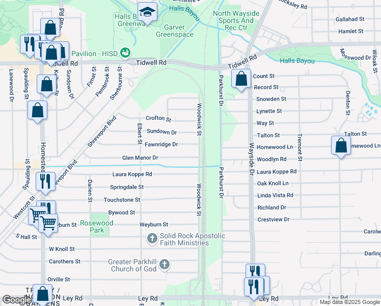 map of restaurants, bars, coffee shops, grocery stores, and more near 7650 Fawnridge Drive in Houston