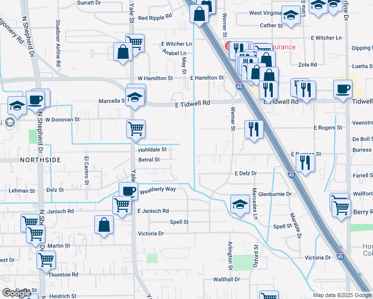 map of restaurants, bars, coffee shops, grocery stores, and more near 205 Leago Street in Houston