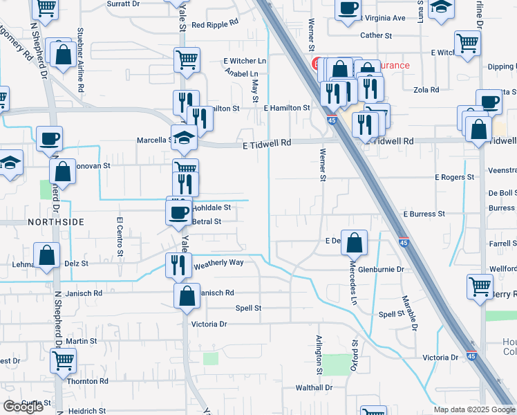 map of restaurants, bars, coffee shops, grocery stores, and more near 205 Leago Street in Houston