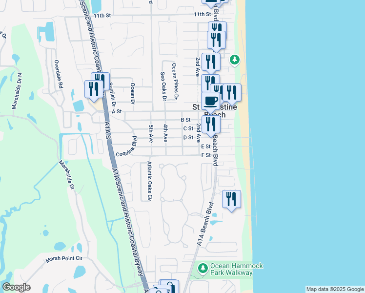 map of restaurants, bars, coffee shops, grocery stores, and more near 298 E Street in Saint Augustine Beach
