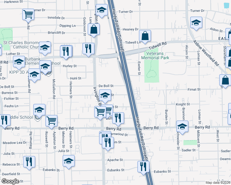 map of restaurants, bars, coffee shops, grocery stores, and more near 1326 De Boll Street in Houston