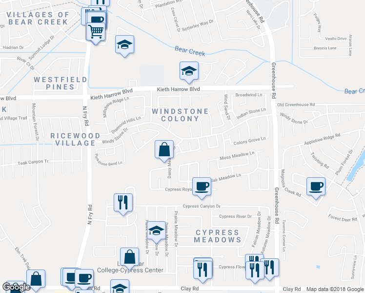 map of restaurants, bars, coffee shops, grocery stores, and more near 4810 Rustling Glen Lane in Katy