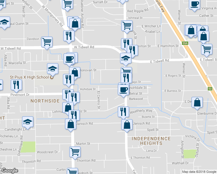 map of restaurants, bars, coffee shops, grocery stores, and more near 410 Hohldale Street in Houston