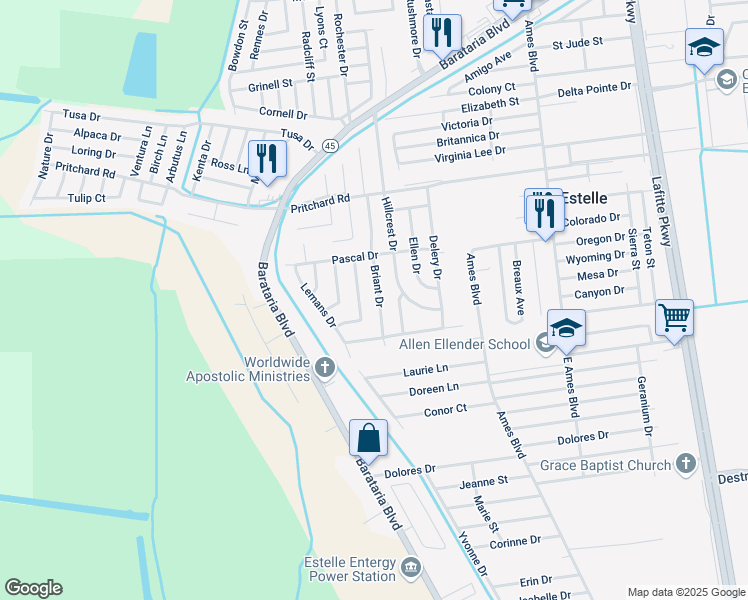 map of restaurants, bars, coffee shops, grocery stores, and more near 4021 Briant Drive in Marrero