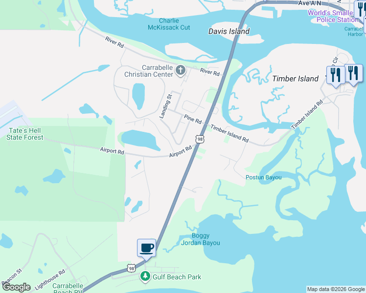 map of restaurants, bars, coffee shops, grocery stores, and more near 1616 Sea Breeze Way in Carrabelle