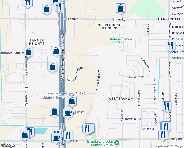 map of restaurants, bars, coffee shops, grocery stores, and more near 10900 Corporate Centre Drive in Houston