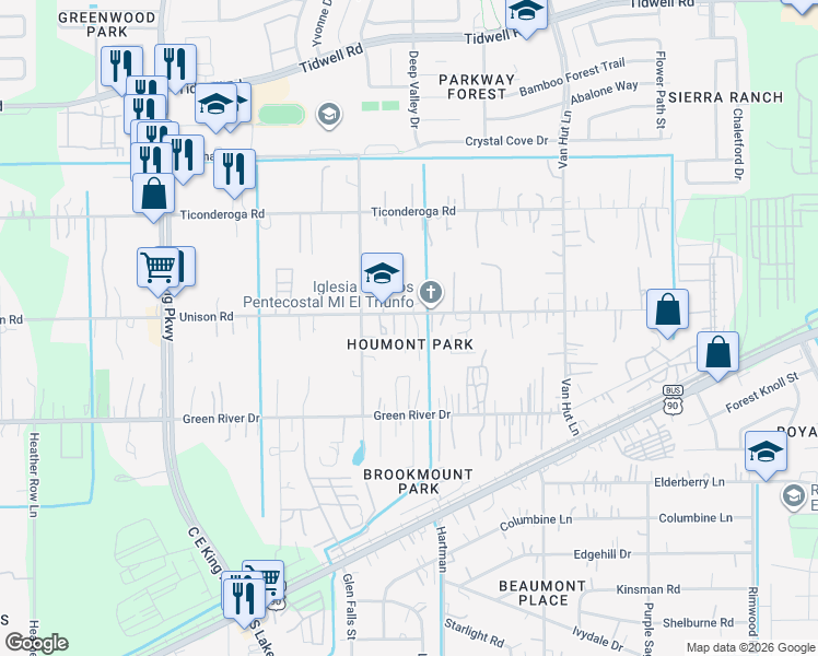 map of restaurants, bars, coffee shops, grocery stores, and more near 12725 Unison Road in Houston
