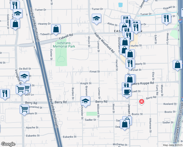 map of restaurants, bars, coffee shops, grocery stores, and more near 2333 Firnat Street in Houston