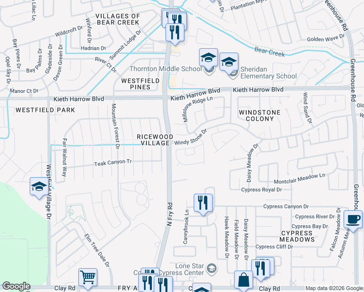 map of restaurants, bars, coffee shops, grocery stores, and more near 20018 Windcroft Hollow Lane in Katy