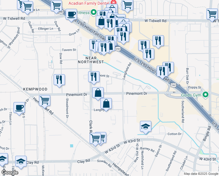 map of restaurants, bars, coffee shops, grocery stores, and more near 7400 Pinemont Drive in Houston
