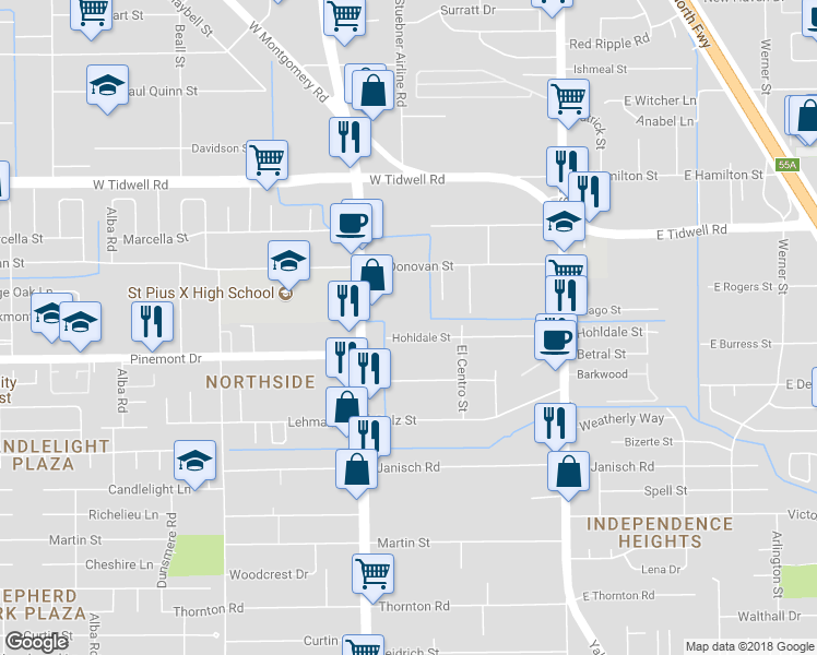 map of restaurants, bars, coffee shops, grocery stores, and more near 512 Hohldale Street in Houston