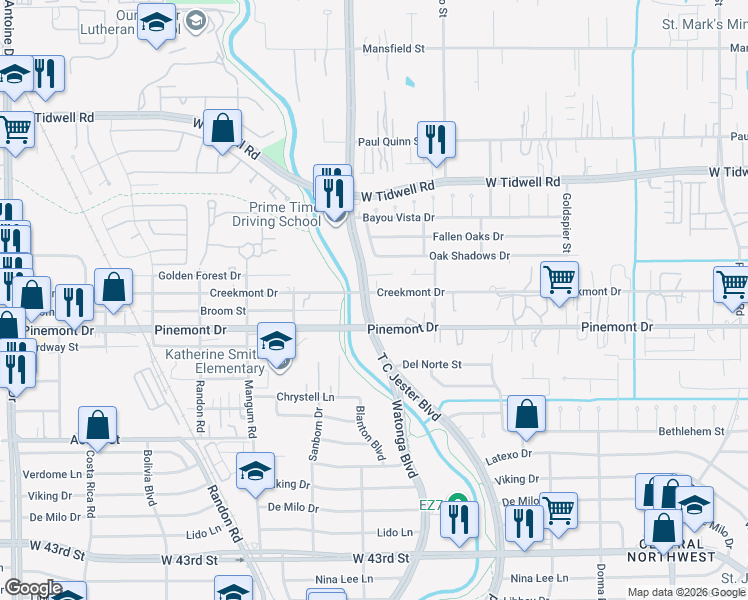 map of restaurants, bars, coffee shops, grocery stores, and more near 4613 Creekmont Drive in Houston