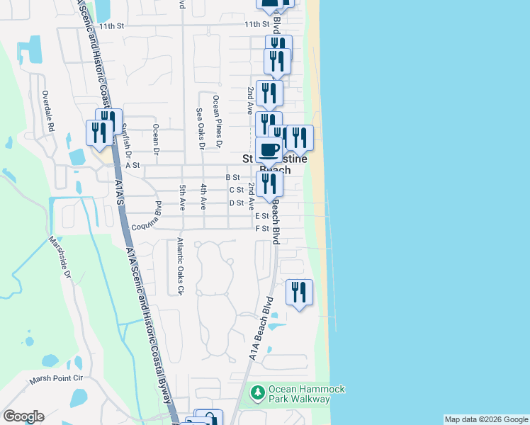 map of restaurants, bars, coffee shops, grocery stores, and more near 115 D Street in St. Augustine