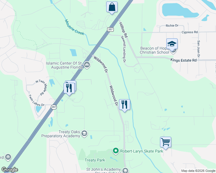 map of restaurants, bars, coffee shops, grocery stores, and more near 2001 Wildwood Drive in St. Augustine