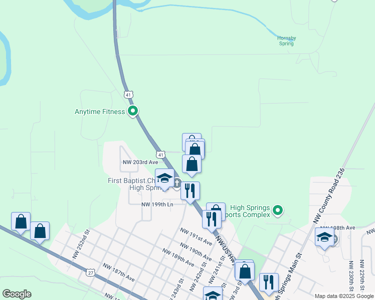 map of restaurants, bars, coffee shops, grocery stores, and more near 24382 Northwest 204th Avenue in High Springs