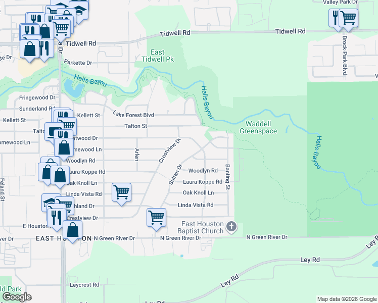 map of restaurants, bars, coffee shops, grocery stores, and more near 9526 Crestview Drive in Houston