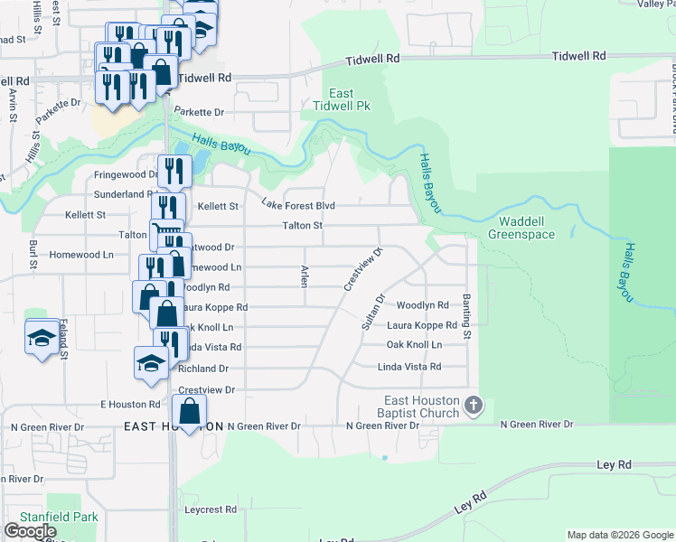 map of restaurants, bars, coffee shops, grocery stores, and more near 9205 Homewood Lane in Houston