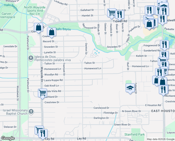 map of restaurants, bars, coffee shops, grocery stores, and more near 8229 Homewood Lane in Houston