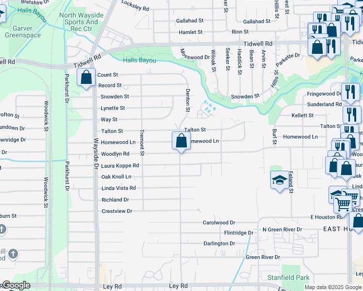 map of restaurants, bars, coffee shops, grocery stores, and more near 2801 Homewood Lane in Houston
