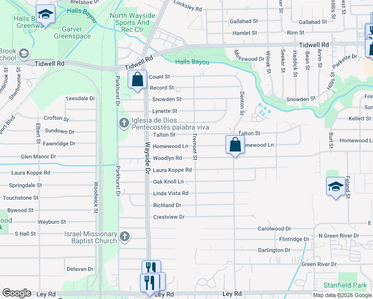 map of restaurants, bars, coffee shops, grocery stores, and more near 8017 Homewood Lane in Houston